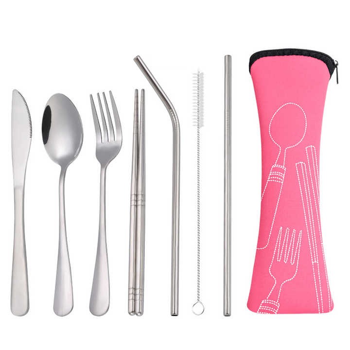 Stainless Steel Reusable Cutlery Office Utensil Metal Straw Portable Travel Cutlery Set with Case