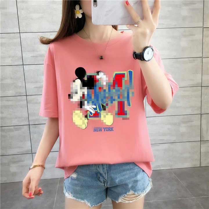 New summer 2024 loose-fitting T-shirts short sleeves O- neck solid-color casual fashion cartoon print women T-shirts